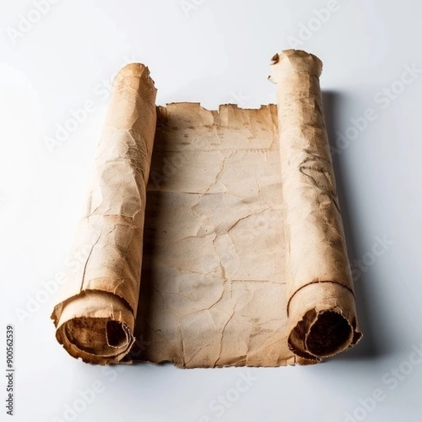 Fototapeta Vintage scroll opened papyrus, isolated on a white background, bright and vivid tonality, in the style of product photography
