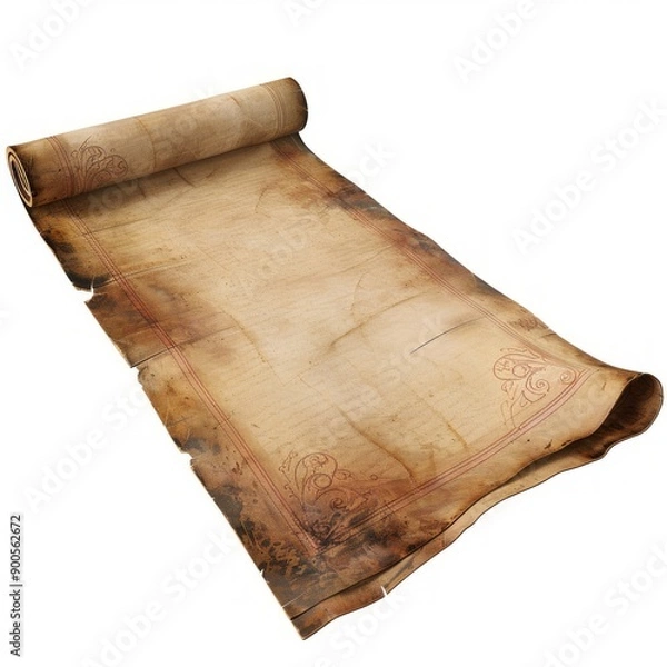 Fototapeta Vintage scroll opened papyrus, isolated on a white background, bright and vivid tonality, in the style of product photography
