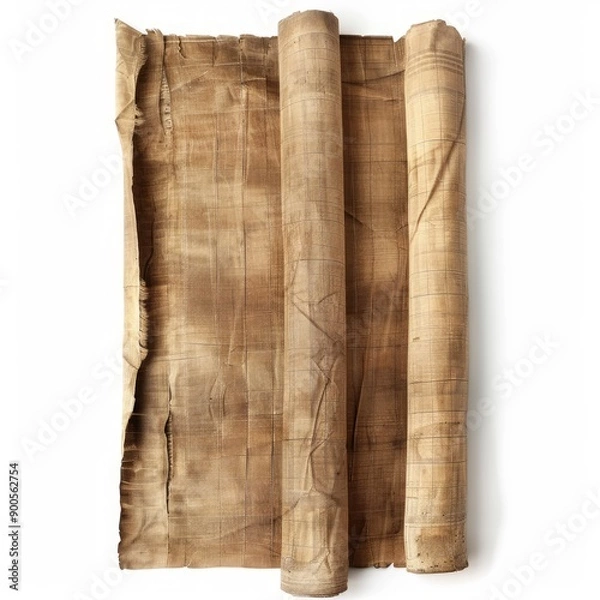 Fototapeta Vintage scroll opened papyrus, isolated on a white background, bright and vivid tonality, in the style of product photography