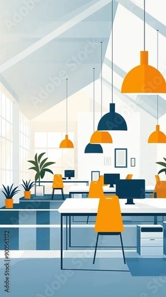 Fototapeta Minimalist office, bright and open layout, flat design illustration