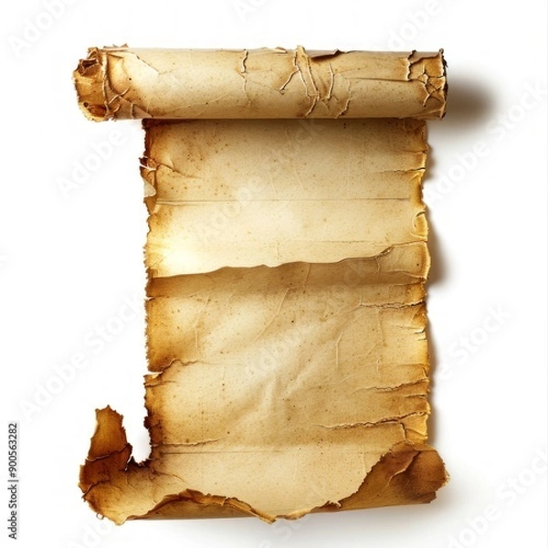 Fototapeta Vintage scroll opened papyrus, isolated on a white background, bright and vivid tonality, in the style of product photography