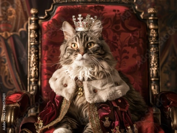 Fototapeta Imperious cat on a throne wearing a lavish crown