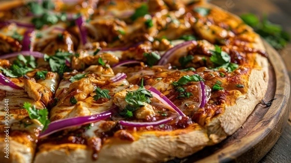 Fototapeta A hot BBQ chicken pizza topped with red onions and fresh cilantro is served, showcasing its delicious flavors and crispy crust