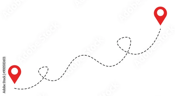 Fototapeta Route location dotted line with pointer map design vector