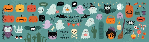 Fototapeta Halloween graphic elements - pumpkins, ghosts, zombie, owl, cat, candy and others. Hand drawn set. Vector illustration.