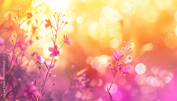 Fototapeta Sunrise Glow. An abstract floral background featuring Golden Yellow, Warm Pink, and Soft Purple. Clean composition and vibrant color palette, perfect for modern designs.