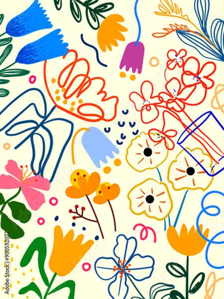 Fototapeta Colorful summer floral, flowers and plants pattern hand drawn vector design background for textile, fabric, banner.