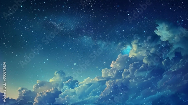 Obraz A breathtaking night sky captured in a digital image. The vast expanse is adorned with twinkling stars and wisps of clouds, creating an ethereal and serene ambiance.