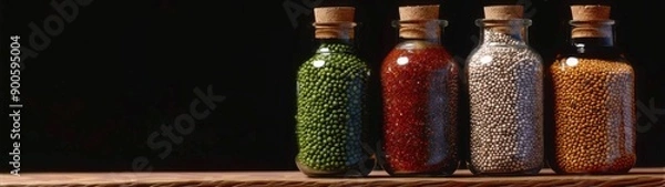 Fototapeta Witch's Shelf of Enchanted Elixirs, a collection of mystical potions and magical ingredients displayed against a minimalist backdrop, emphasizing simplicity and intrigue.