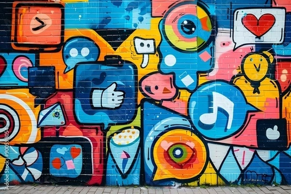 Fototapeta Social media marketing in digital marketing. Colorful graffiti-style wall featuring likes, hearts and social media symbols. White, blue, yellow, red and orange colors.