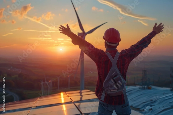 Fototapeta Worker Overseeing Wind Turbines at Sunset