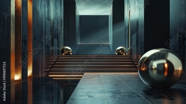 Fototapeta Abstract minimalist 3D images, black, gold, red, spherical sculptures, graceful balance, colour photography, rich tonal palette, asymmetrical balance