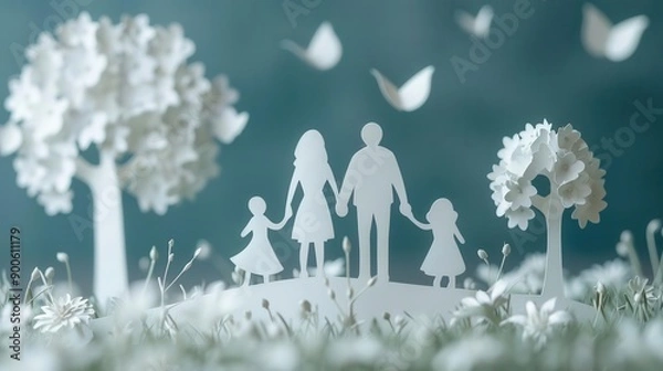 Fototapeta Paper cutout parents and children, family protection, insurance safety