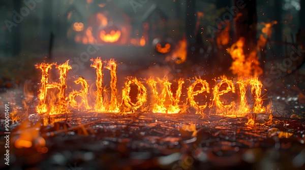 Fototapeta Fiery "Halloween" Text with Blazing Flames and Smoky Background, Creating an Intense and Dramatic Visual Effect