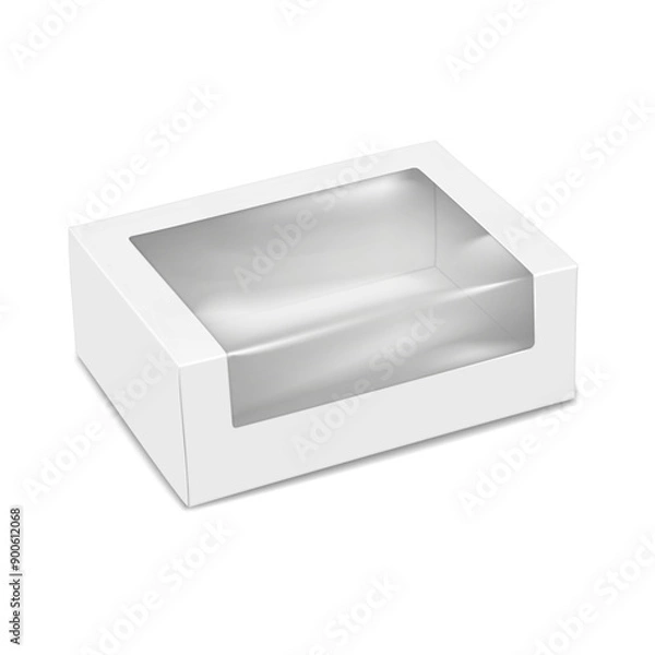Fototapeta White rectangle paper box with clear plastic window to display product. 3d mockup. Empty paperboard food container. Realistic vector mock-up. Transparent lid confectionery box template