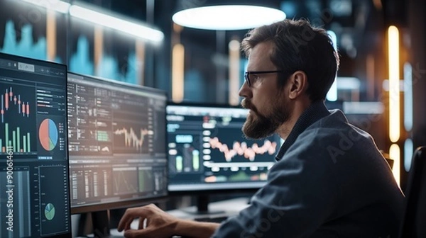 Obraz Data Driven Decisions: A focused businessman analyzes financial charts on multiple monitors, showcasing the power of data-driven insights in the modern world. Generative ai illustration