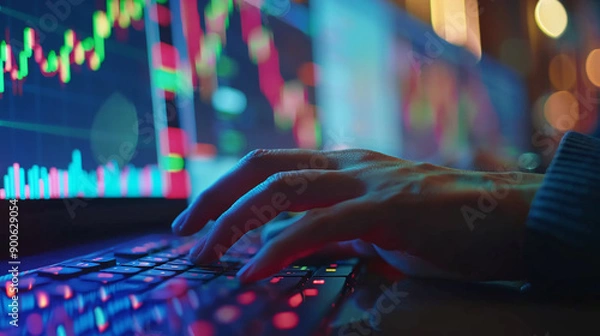 Obraz Closeup hand using computer aggregating AI results artificial intelligence