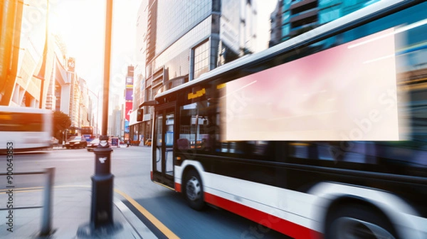 Fototapeta high-quality image featuring an empty poster mockup on the side of a moving bus.