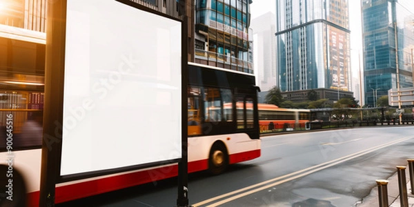 Fototapeta high-quality image featuring an empty poster mockup on the side of a moving bus.