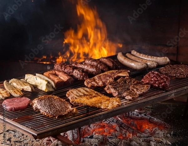 Obraz Argentinian asado grill filled with an assortment of meats, embers glowing parilla