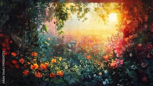 Fototapeta A vibrant, sun-drenched garden scene with blooming flowers in a magical, fairytale-like setting.