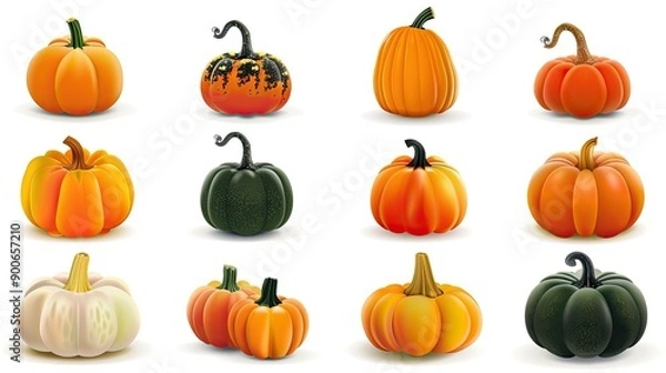 Fototapeta Colorful pumpkins of different shapes for autumn, Halloween, and harvest projects