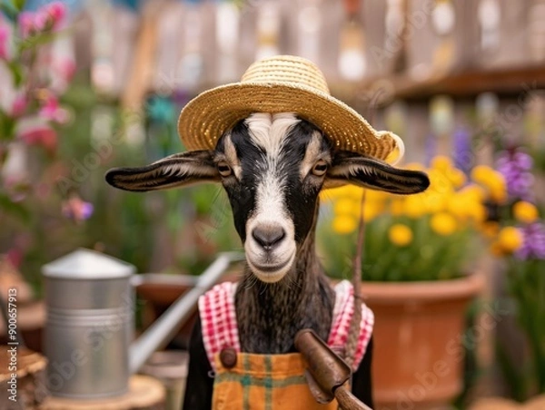 Fototapeta Charming goat in a straw hat posing in a garden surrounded by plants