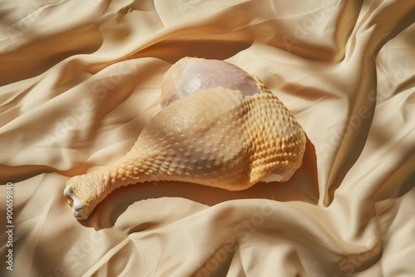 Fototapeta Fresh raw chicken leg displayed on a luxurious satin fabric with soft folds and natural lighting