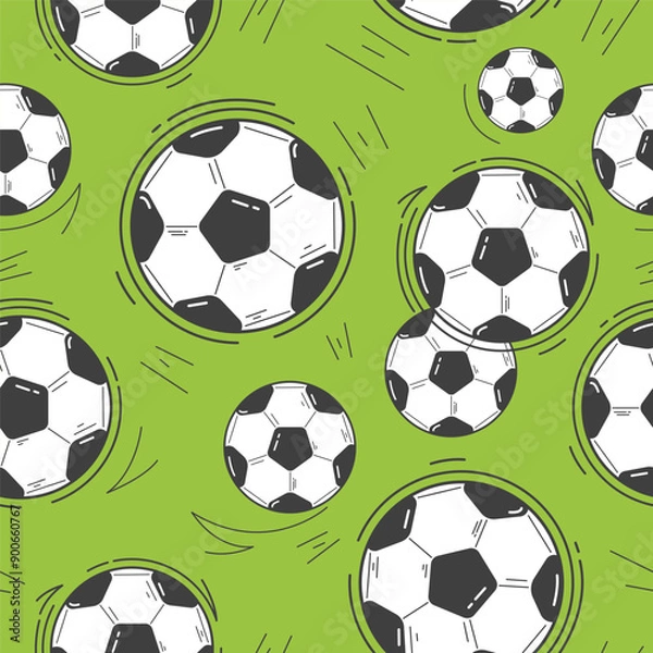 Obraz Vector seamless pattern with many soccer balls on bright green background. Football. Active leisure. Sports equipment icons. Cute childish print design. Funny hand drawn kids art. Cartoon illustration