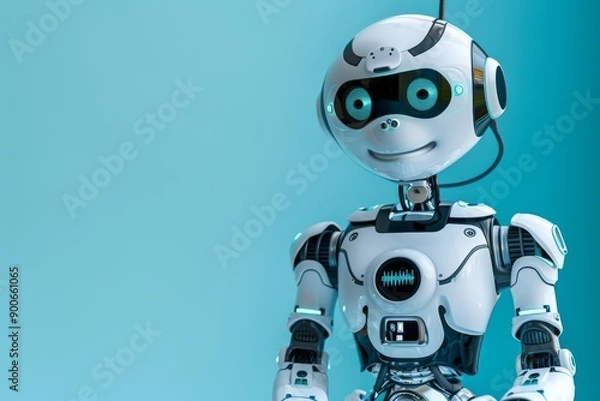 Fototapeta Yellow robot with smiling face in a blue background