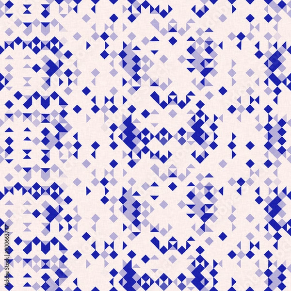 Obraz Faded electric blue glitch geo washed effect seamless pattern. Indigo dye grungy blotched distress abstract background texture repeat. 