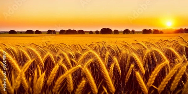 Obraz Ears of yellow wheat field against the backdrop of a golden sunset. Wheat field landscapes under bright sunlight. Rich harvest concept.