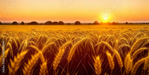 Obraz Ears of yellow wheat field against the backdrop of a golden sunset. Wheat field landscapes under bright sunlight. Rich harvest concept.