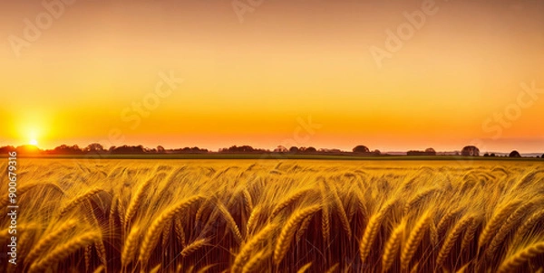 Obraz Ears of yellow wheat field against the backdrop of a golden sunset. Wheat field landscapes under bright sunlight. Rich harvest concept.