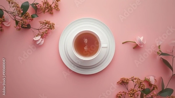 Fototapeta A cup of tea with a saucer on a pink background with floral decorations.