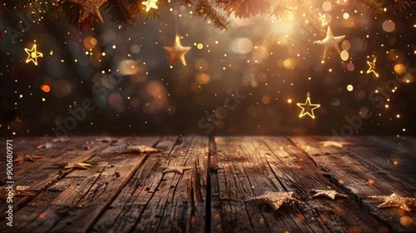 Fototapeta A magical scene of shimmering stars and warm light falling over a rustic wooden table, perfect for festive celebrations.
