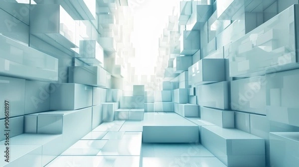 Fototapeta Abstract background with a futuristic design of white cubes and a bright light at the end.