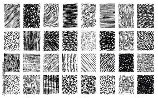 Fototapeta Abstract black pen scribble element set. Ink texture layout bundle. Hand drawn crosshatch textures pack. Grunge overlay background.