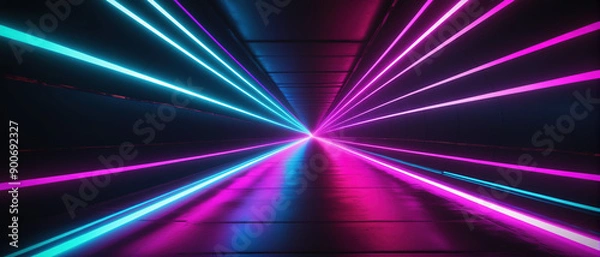 Fototapeta Perspective view of a dark tunnel with neon light lines moving to the vanishing point, cyberpunk design