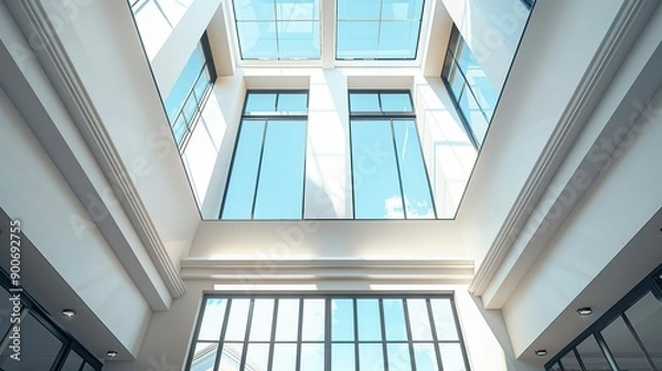 Fototapeta Ceiling with large skylights, flooding the room with natural light and providing a spacious
