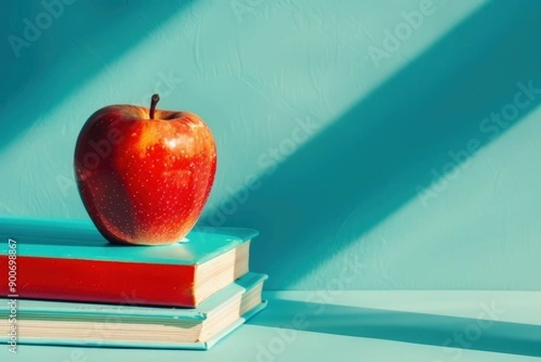 Fototapeta Red apple placed on a stack of three books against a teal background, sunlight casting sharp shadows. Perfect for education and healthy living themes.