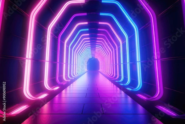 Fototapeta generated illustration of tunnel, neon light abstract background, round arcade, portal.