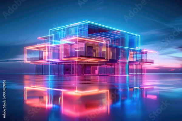 Fototapeta Explore a vibrant digital art depiction of a sustainable real estate project, showcasing innovative design and eco-friendly concepts in bright colors.