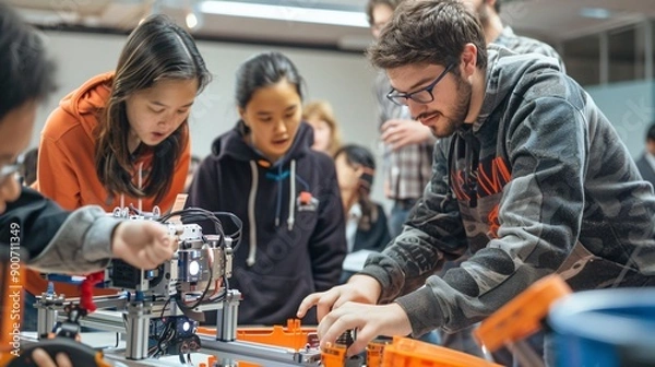 Fototapeta Engineers Demonstrating Robotics To Students In A Classroom Setting