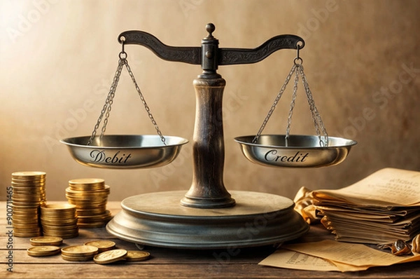 Fototapeta 3d illustration render of a scale with text word Debit and on other Credit, symbolizing balance in financial transactions. Concept of rules of debit and credit