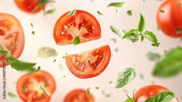 Fototapeta tomato with half slices falling or floating