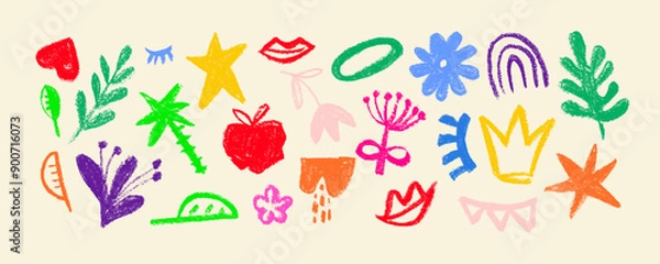 Fototapeta Collection of hand drawn colorful charcoal doodle shapes and squiggles in childish girly style. Pencil drawings isolated on white. Crown, stars, flower, heart and grid doodle collage elements.