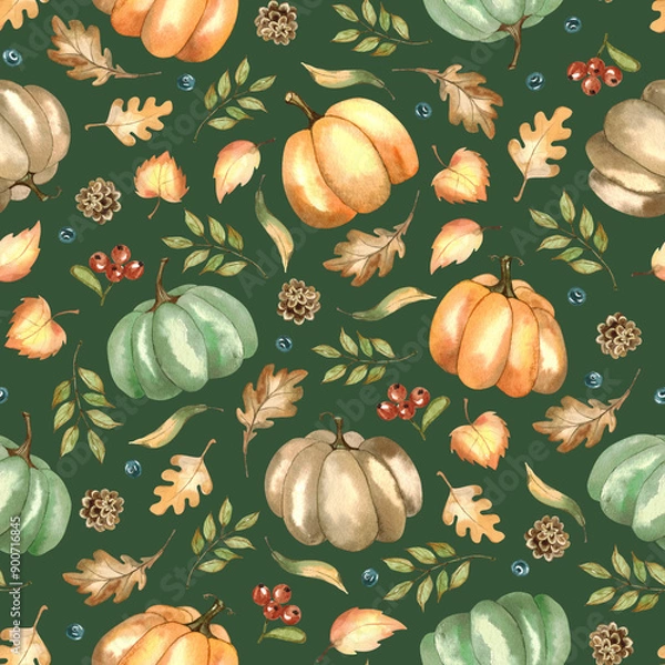 Obraz Autumn seamless pattern with pumpkins, yellow, green leaves, red berries, oak leaves on a green background. Watercolor print for Thanksgiving, harvest day, autumn farm fair.