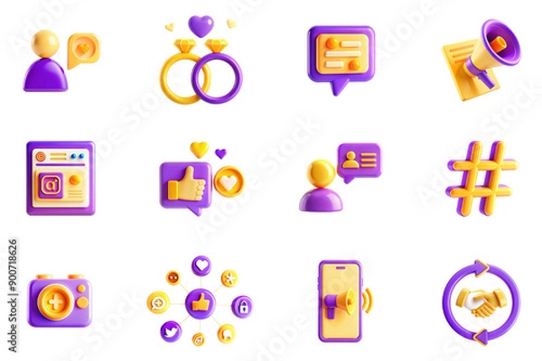 Fototapeta Social media marketing concept of 3D icons set in modern web design. Pack isolated objects of followers, rings in dating chat, messaging, online advertisement, like, email, photo, other illustrations.