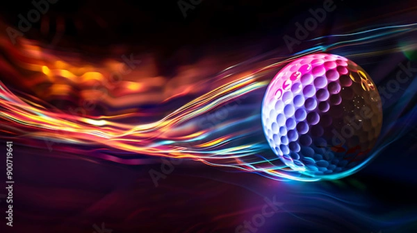 Fototapeta A Dynamic Golf Ball in Mid-AirCapturing the Thrill of the Game with Mesmerizing Light Reflections and Motion Blur Against a Stark Black Background